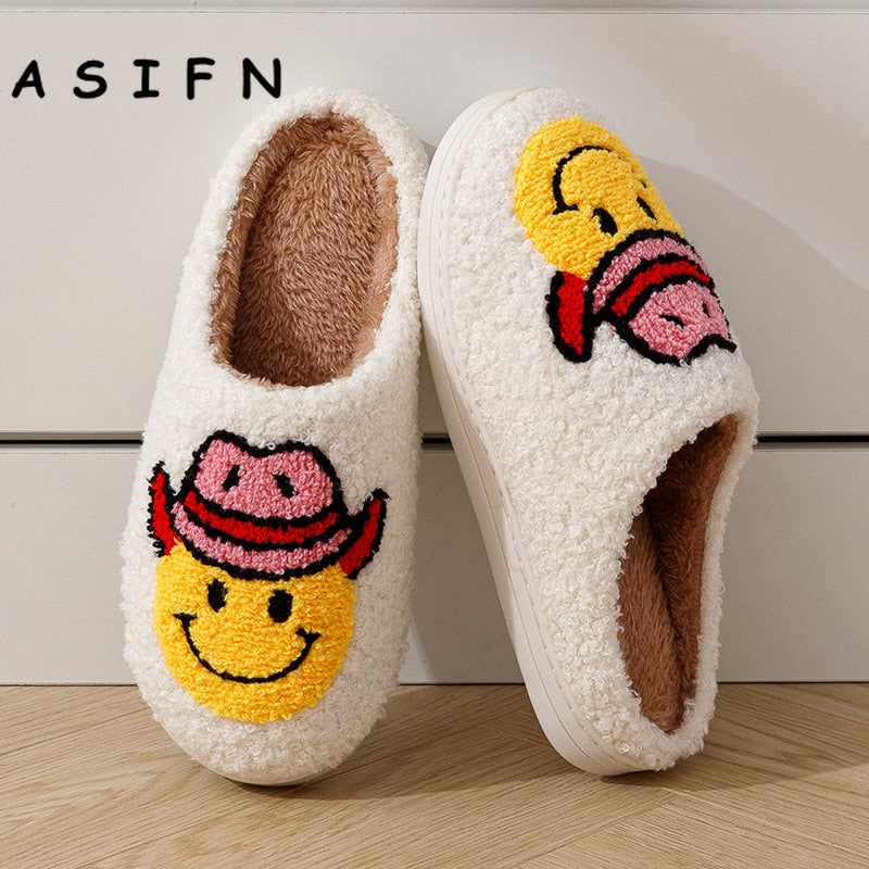 Smile Face Cowgirl Slippers Fluffy Cushion Slides Cute Womens Comfortable Cozy Comfy Smile Slippers Women Slides