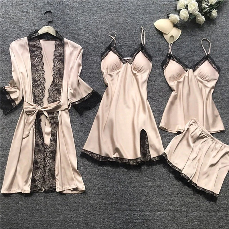 Leepwear Female 5/4/2PCS Pajamas Set Satin Pyjamamas Lace Patchwork Bril Wedding Nightwear Rayon Home Wear Nighty&Robe Suit