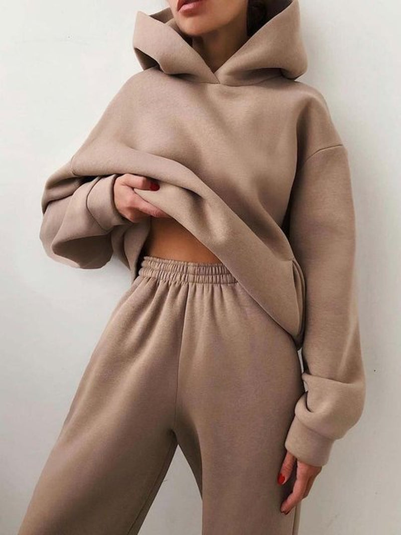 Women Fleece Two Piece Sets Elegant Solid Color Oversized Warm Hoodies and Long Pant Sports Suit Autumn Winter Tracksuit 2021