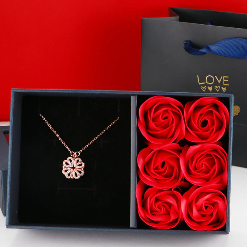 Luxury Four Leaf Clover Pendant Necklace for Women Crystal Heart Magnetic Necklaces Rose Box Gift for Girlfriend Mom