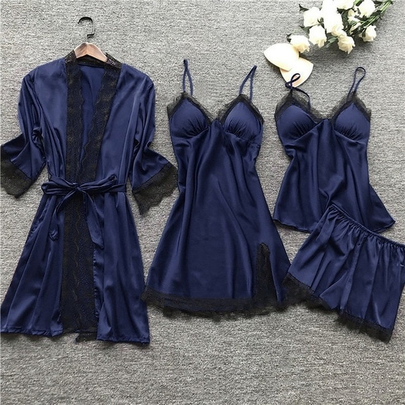 Leepwear Female 5/4/2PCS Pajamas Set Satin Pyjamamas Lace Patchwork Bril Wedding Nightwear Rayon Home Wear Nighty&Robe Suit