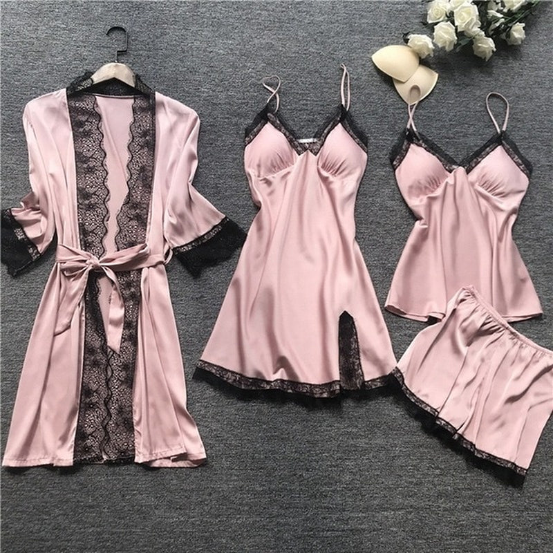 Leepwear Female 5/4/2PCS Pajamas Set Satin Pyjamamas Lace Patchwork Bril Wedding Nightwear Rayon Home Wear Nighty&Robe Suit