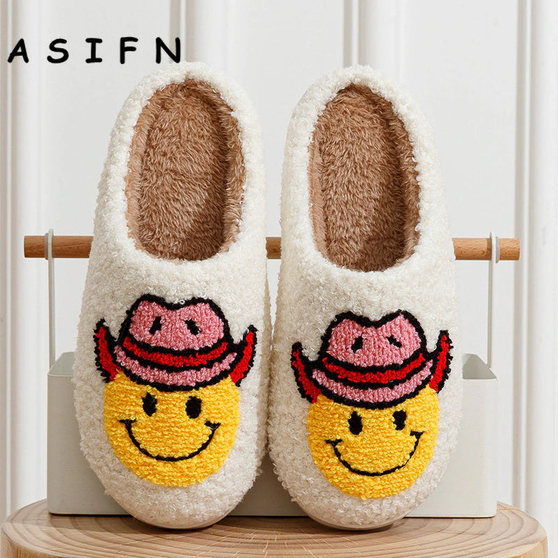 Smile Face Cowgirl Slippers Fluffy Cushion Slides Cute Womens Comfortable Cozy Comfy Smile Slippers Women Slides