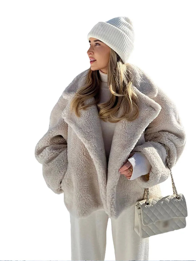 Thickening Lambswool Furry Fashion Women'S Winter Coat Lapel Long Sleeve Pocket Women Overcoat 2023 Luxury Solid Lady Top