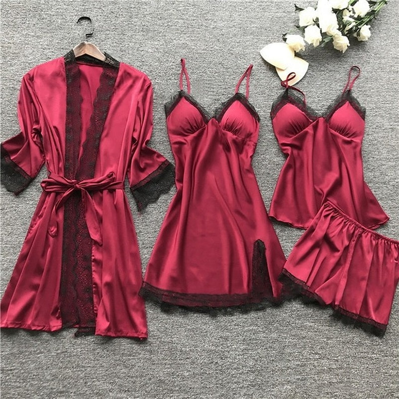 Leepwear Female 5/4/2PCS Pajamas Set Satin Pyjamamas Lace Patchwork Bril Wedding Nightwear Rayon Home Wear Nighty&Robe Suit