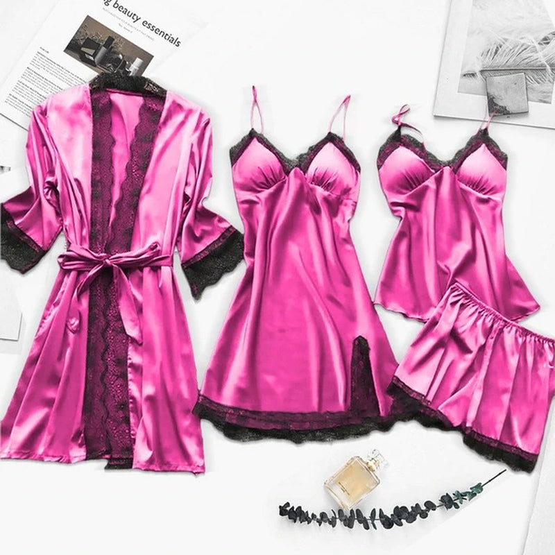 Leepwear Female 5/4/2PCS Pajamas Set Satin Pyjamamas Lace Patchwork Bril Wedding Nightwear Rayon Home Wear Nighty&Robe Suit