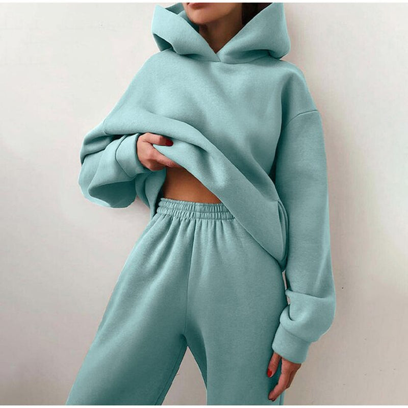 Women Fleece Two Piece Sets Elegant Solid Color Oversized Warm Hoodies and Long Pant Sports Suit Autumn Winter Tracksuit 2021