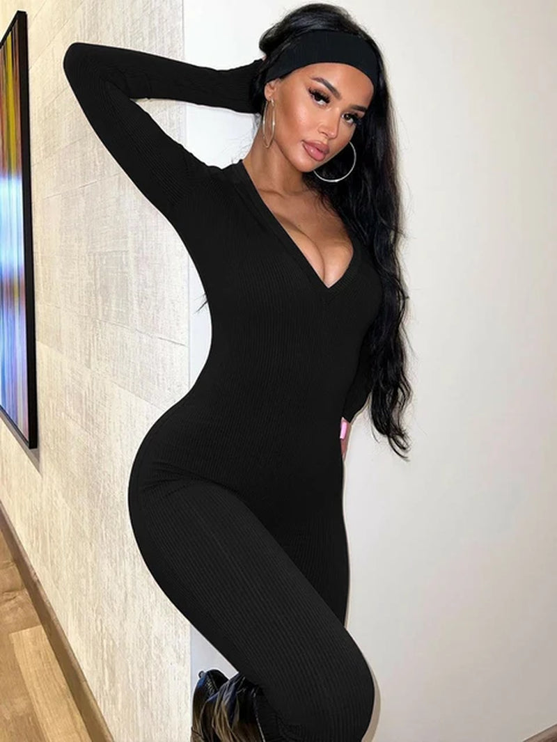 Ribbed V Neck Long Sleeve Sexy Bodycon Skinny One Piece Jumpsuit Winter Women Casual Streetwear Sport Romper Overalls