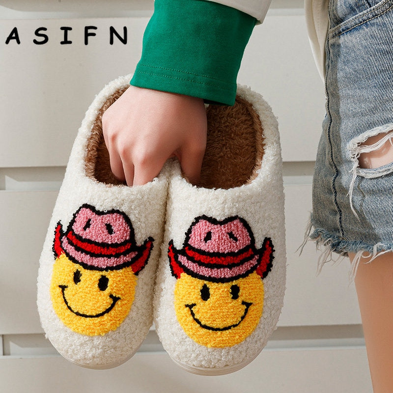 Smile Face Cowgirl Slippers Fluffy Cushion Slides Cute Womens Comfortable Cozy Comfy Smile Slippers Women Slides