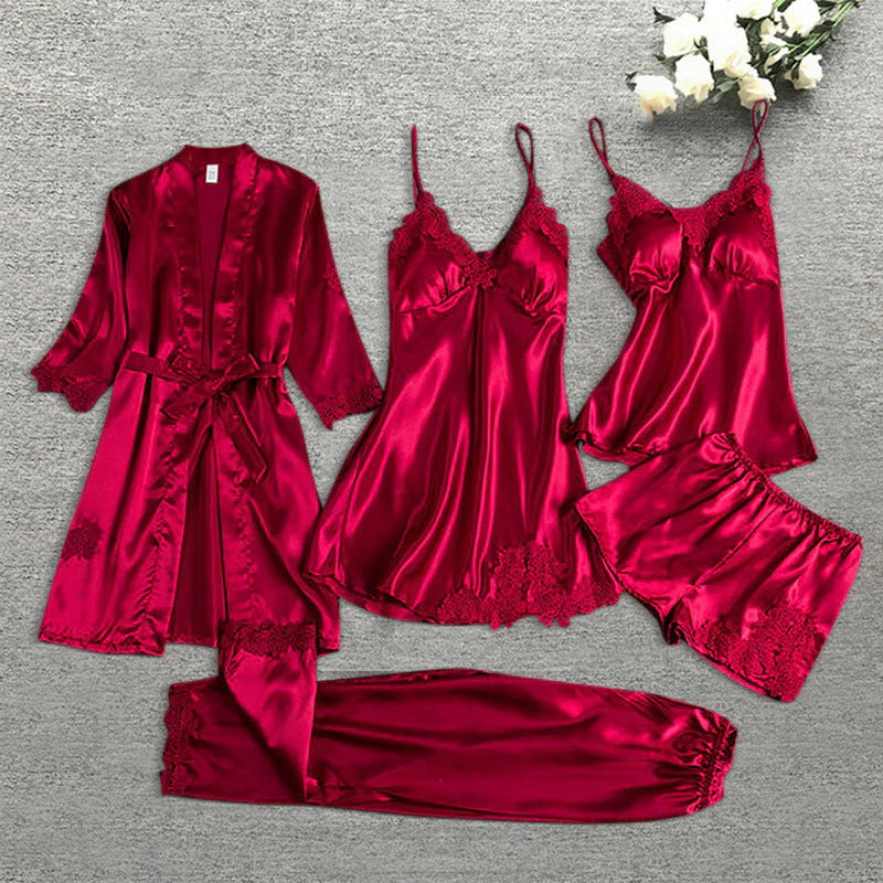 Leepwear Female 5/4/2PCS Pajamas Set Satin Pyjamamas Lace Patchwork Bril Wedding Nightwear Rayon Home Wear Nighty&Robe Suit