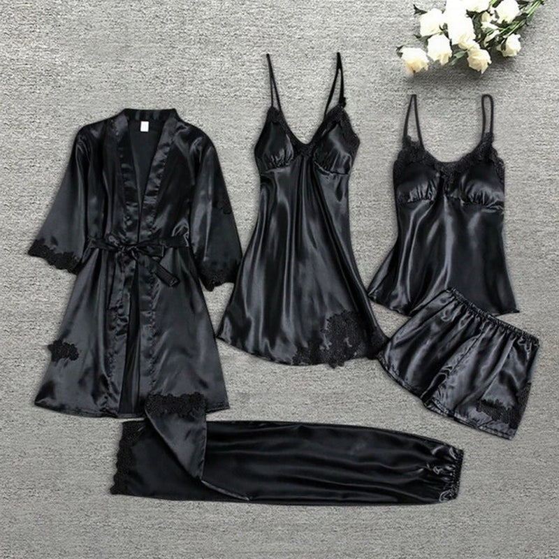 Leepwear Female 5/4/2PCS Pajamas Set Satin Pyjamamas Lace Patchwork Bril Wedding Nightwear Rayon Home Wear Nighty&Robe Suit